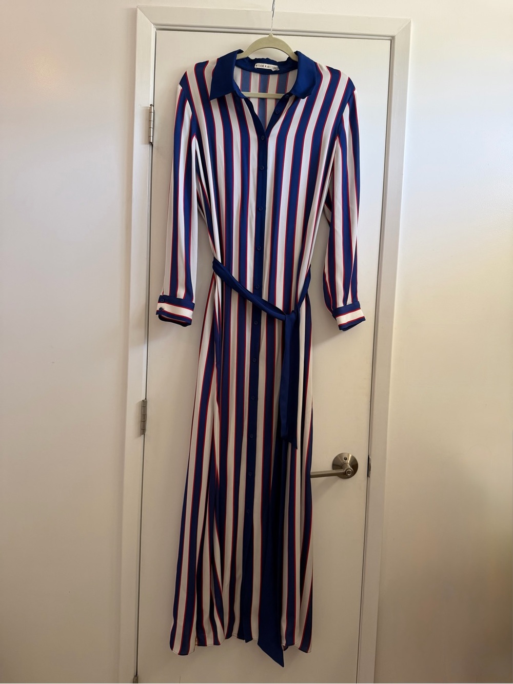 Alice + Olivia Chassidy Navy, White & Red Striped Maxi Shirt Dress
